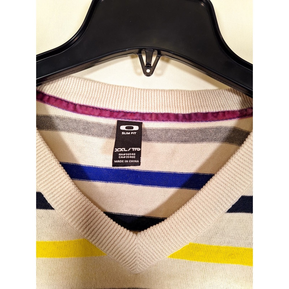 Oakley Slim Fit Men's Sweater White W' Black/Yellow/Blue/Gray Strips - Picture 5 of 6